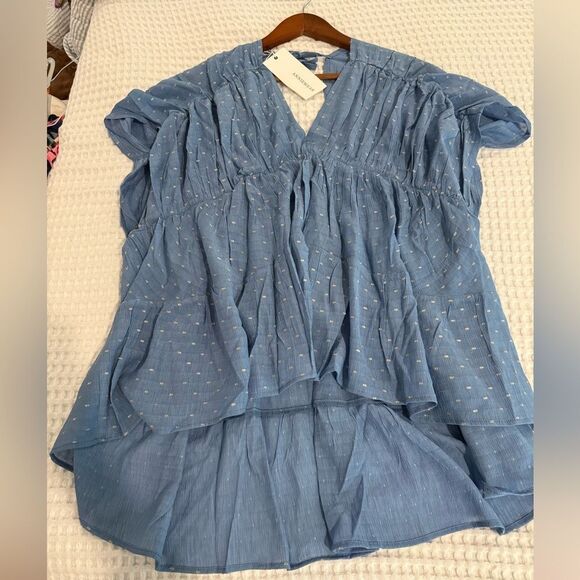 New AnnieWear Blue with Gold Boho Ruffled Asymmetrical Flowy Cap Sleeve Blouse - Picture 1 of 7